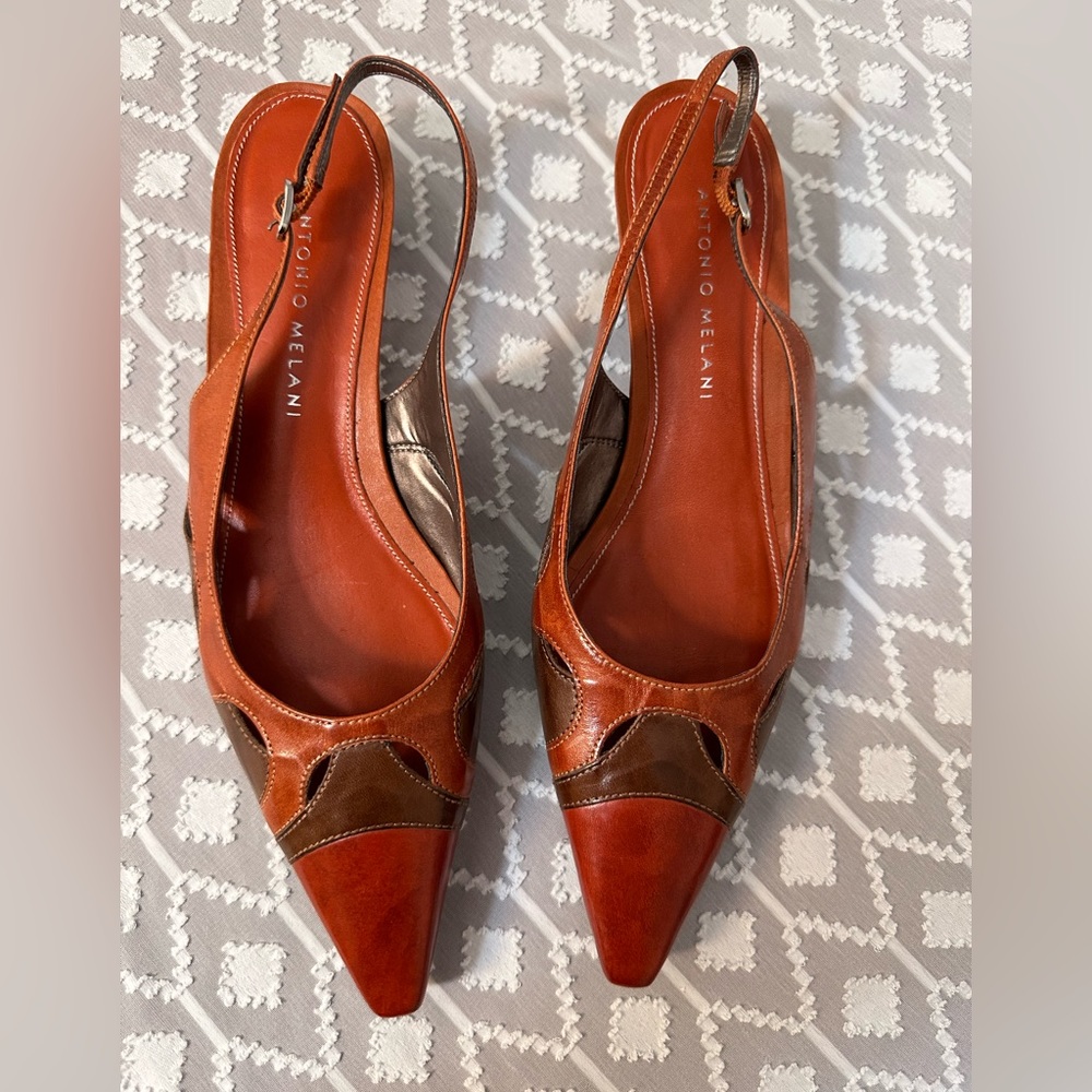 Antonio Melani Slingback Kitten Heels, Orange and Brown Leather, Size 7